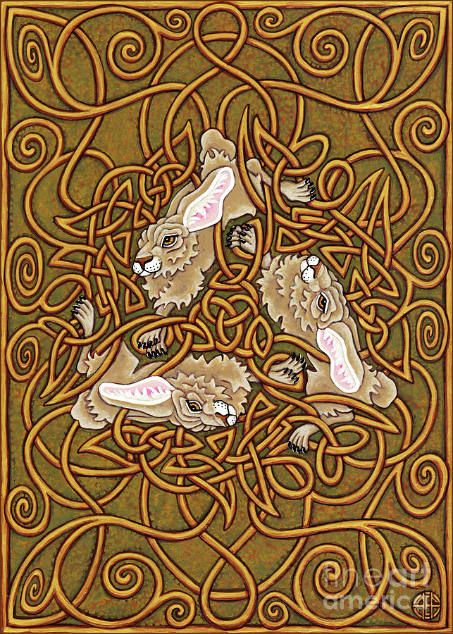 The Legend of Hare Terra. Knotted Hare. Illuminated Metalwork. Olivine Enamel and Gold. Painting by Amy E Fraser