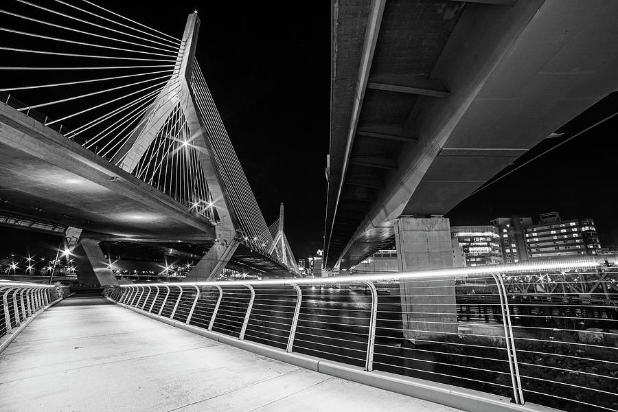 The Lenny Zakim Bridge Lit Up in Red Black and White Photograph by Toby McGuire