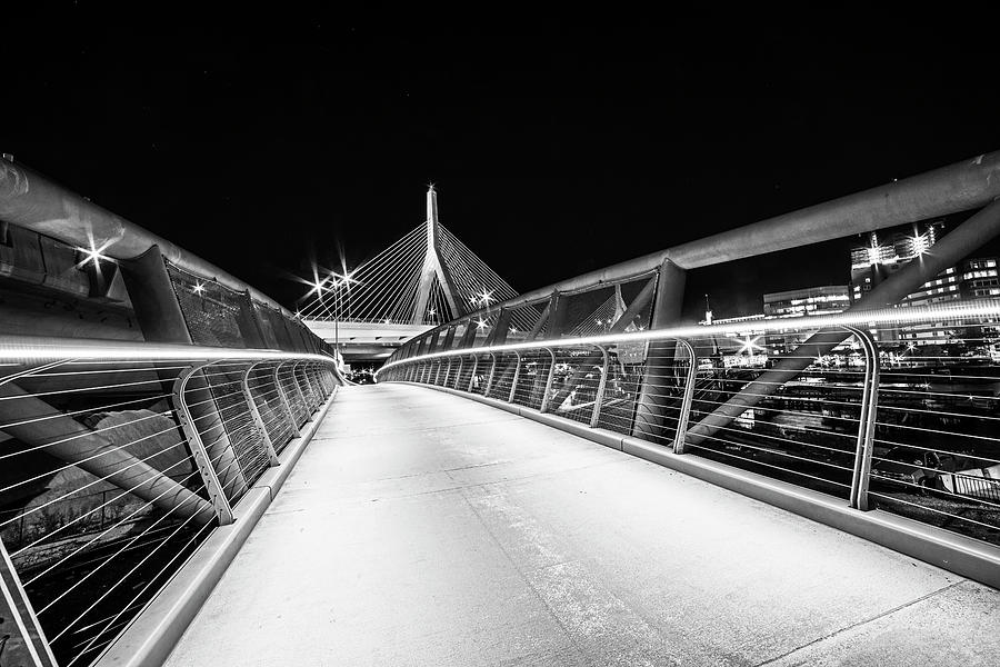 The Lenny Zakim Bridge Lit Up in Red Footbridge Black and White Photograph by Toby McGuire