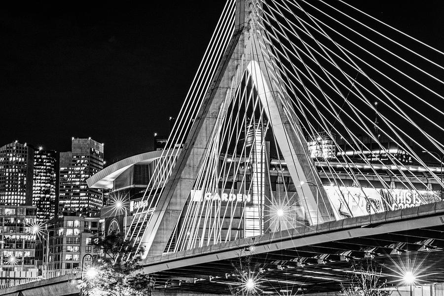 The Lenny Zakim Bridge Lit Up in Red TD Garden Black and White Photograph by Toby McGuire