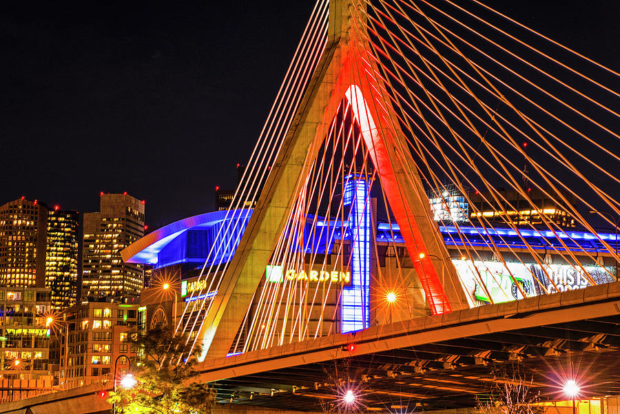 The Lenny Zakim Bridge Lit Up in Red TD Garden Photograph by Toby McGuire
