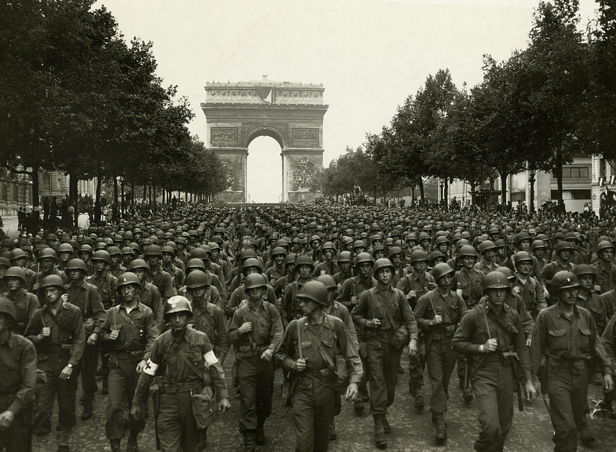 Paris Painting - The Liberation of Paris, Yanks Parade through Paris, World War II by American School