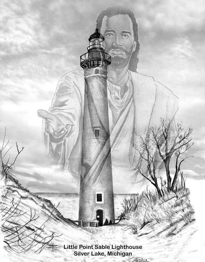 The Lighthouse and Jesus Drawing by Bill Richards