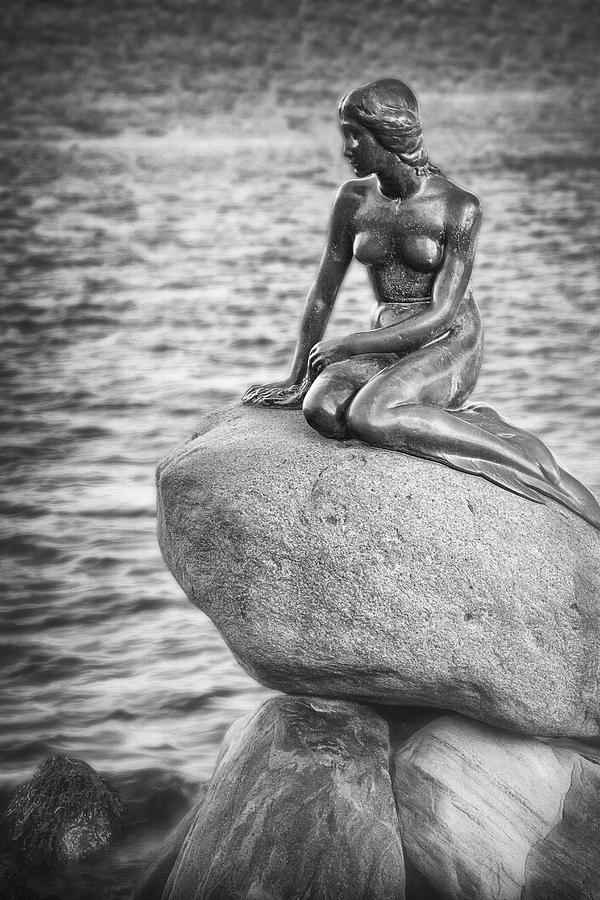 The Little Mermaid Copenhagen Denmark Black and White  Photograph by Carol Japp