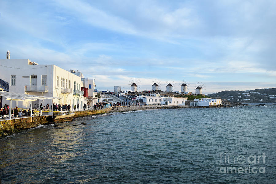 The Little Venice waterfront and five windmills at Chora, Mykono Photograph by William Kuta