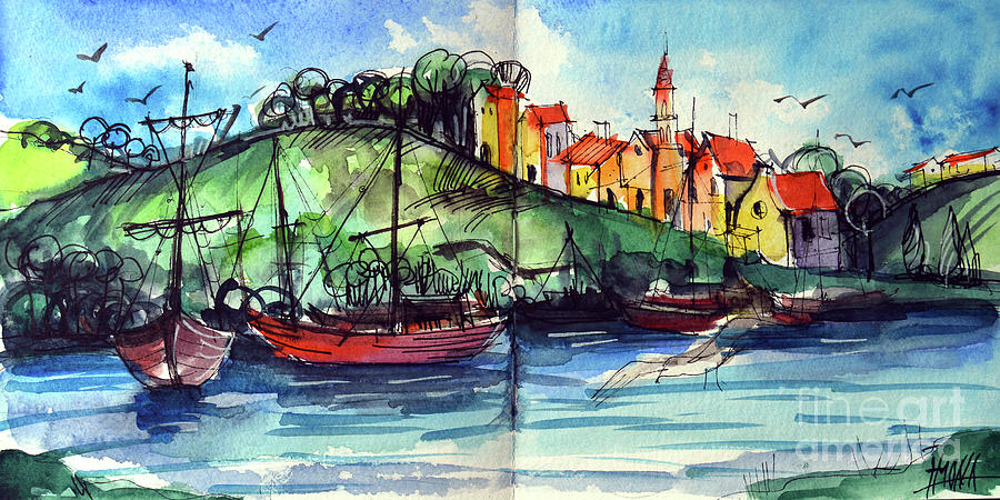 THE LITTLE VILLAGE ON THE HILL watercolor painting Mona Edulesco Painting by Mona Edulesco