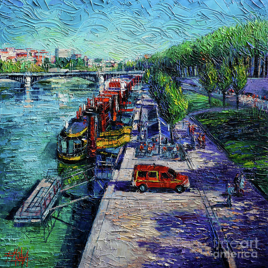 THE LIVELY BANKS OF LYON - modern impressionist palette knife oil painting on canvas Painting by Mona Edulesco