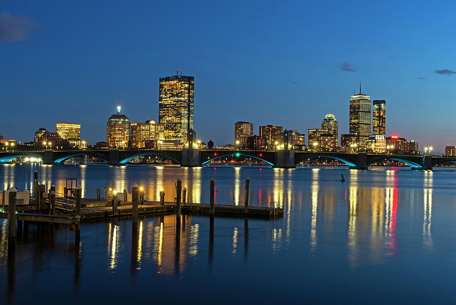The Longfellow Bridge Lit up at Night Boston MA Reflection Pier Photograph by Toby McGuire