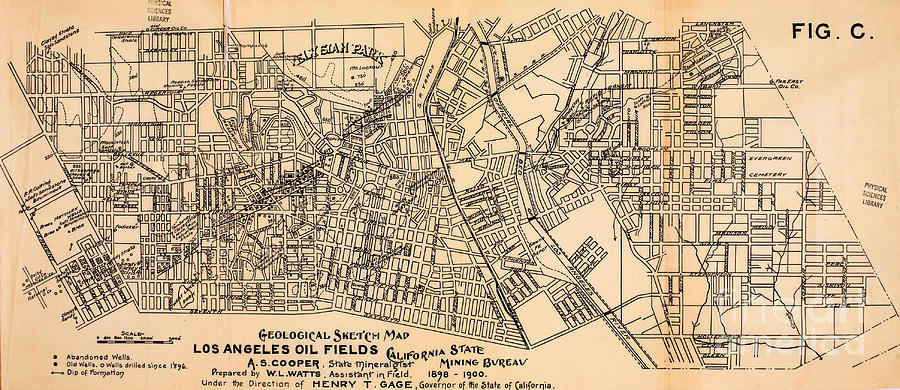 The Los Angeles California Oil Fields Geological Sketch Map 1900 Drawing by Peter Ogden