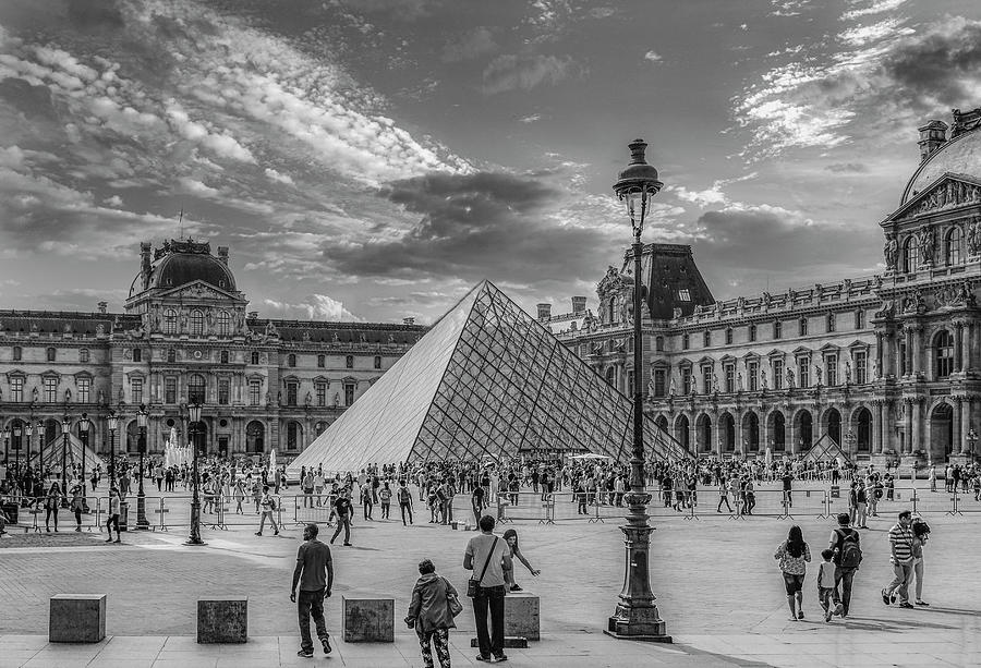 The Louvre, Black and White Photograph by Marcy Wielfaert