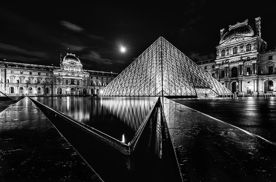 The Louvre Pyramid in Paris in Black and White Photograph by Alexios Ntounas