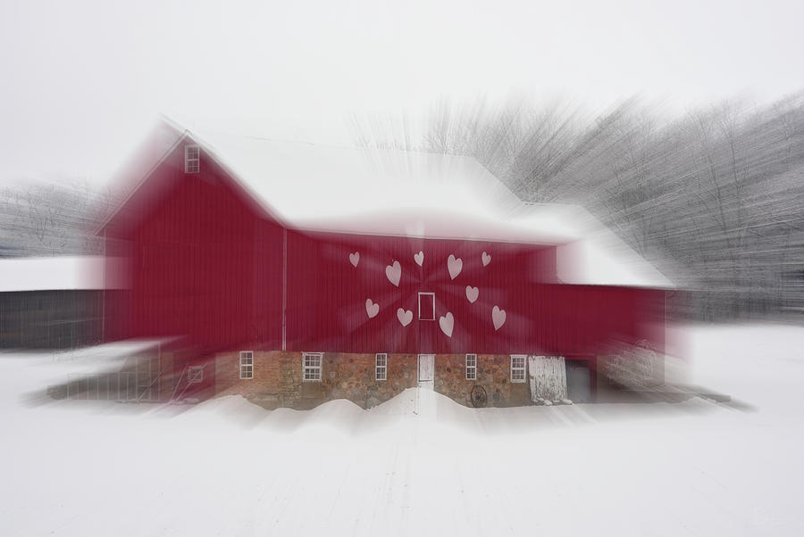 The Love Barn -  Red Wisconsin barn decorated with hearts with zoom motion Photograph by Peter Herman