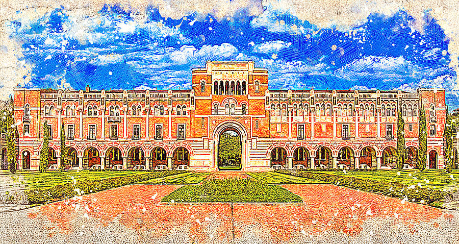 The Lovett Hall of the Rice University - colored drawing Digital Art by Nicko Prints