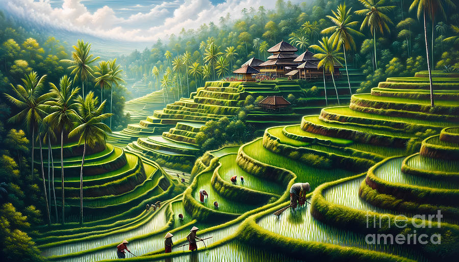Nature Painting - The lush rice terraces of Bali with farmers and traditional Balinese architecture in the background by Jeff Creation