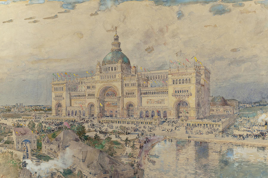 The MacKaye Spectatorium with Iowa Pavillion in Foreground, Columbian Exposition Drawing by Childe Hassam