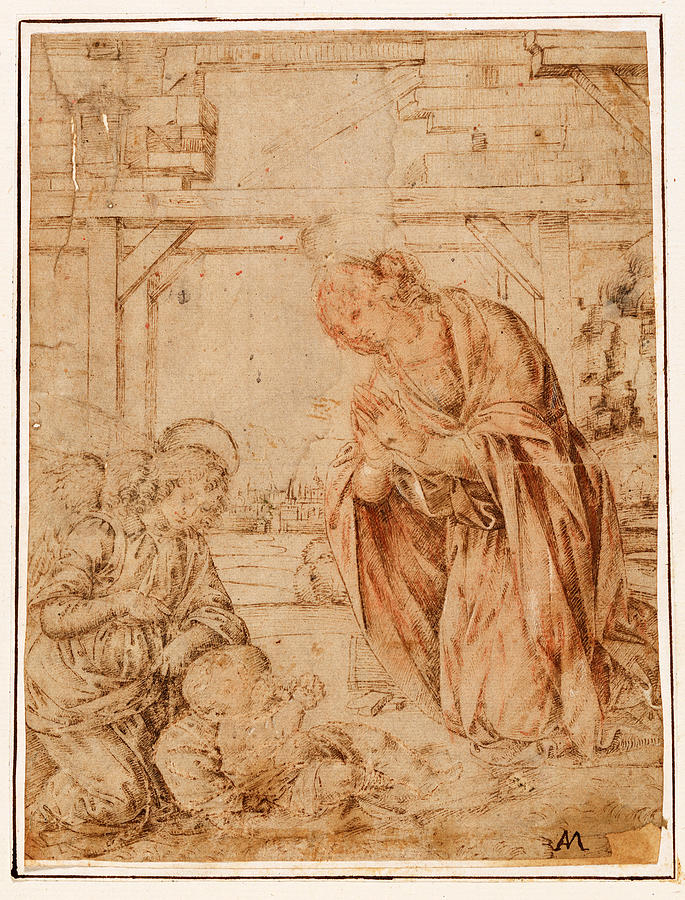 The Madonna Adoring the Child, with an Angel Drawing by School of Lorenzo di Credi