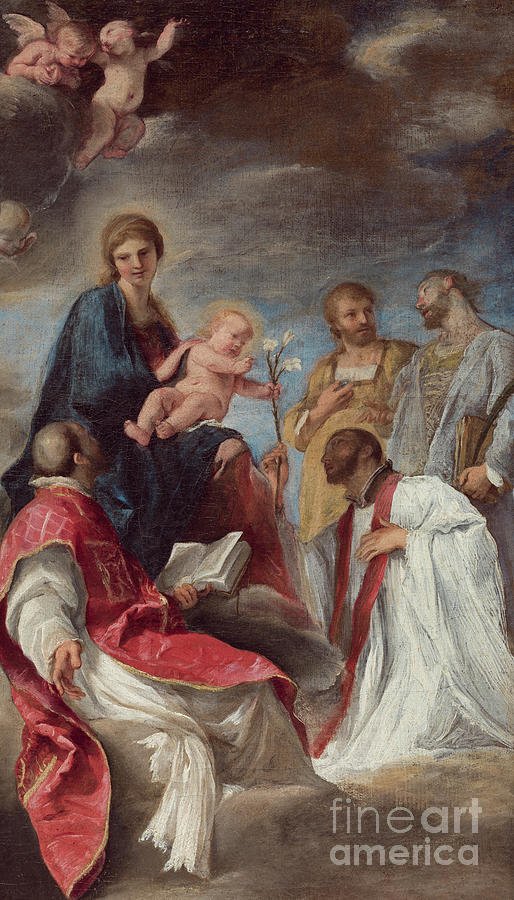 The Madonna and Child with Saints Ignatius of Loyola, Francis Xavier, Cosmas and Damian Painting by Andrea Sacchi
