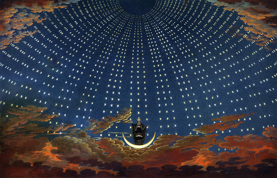 Wolfgang Amadeus Mozart Painting - The Magic Flute, The Hall of Stars in the Palace of the Queen of the Night, by Wolfgang Mozart, 1815 by Karl Friedrich Schinkel