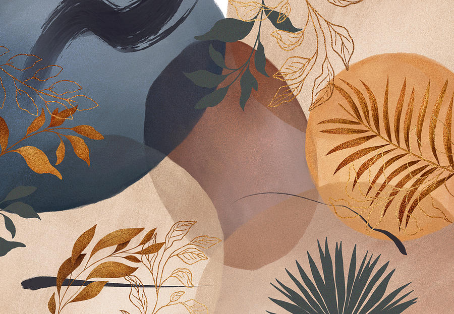 Brush Painting - The magic of nature, golden tropical leaves watercolor shapes print, aesthetic autumn illustration  by Mounir Khalfouf