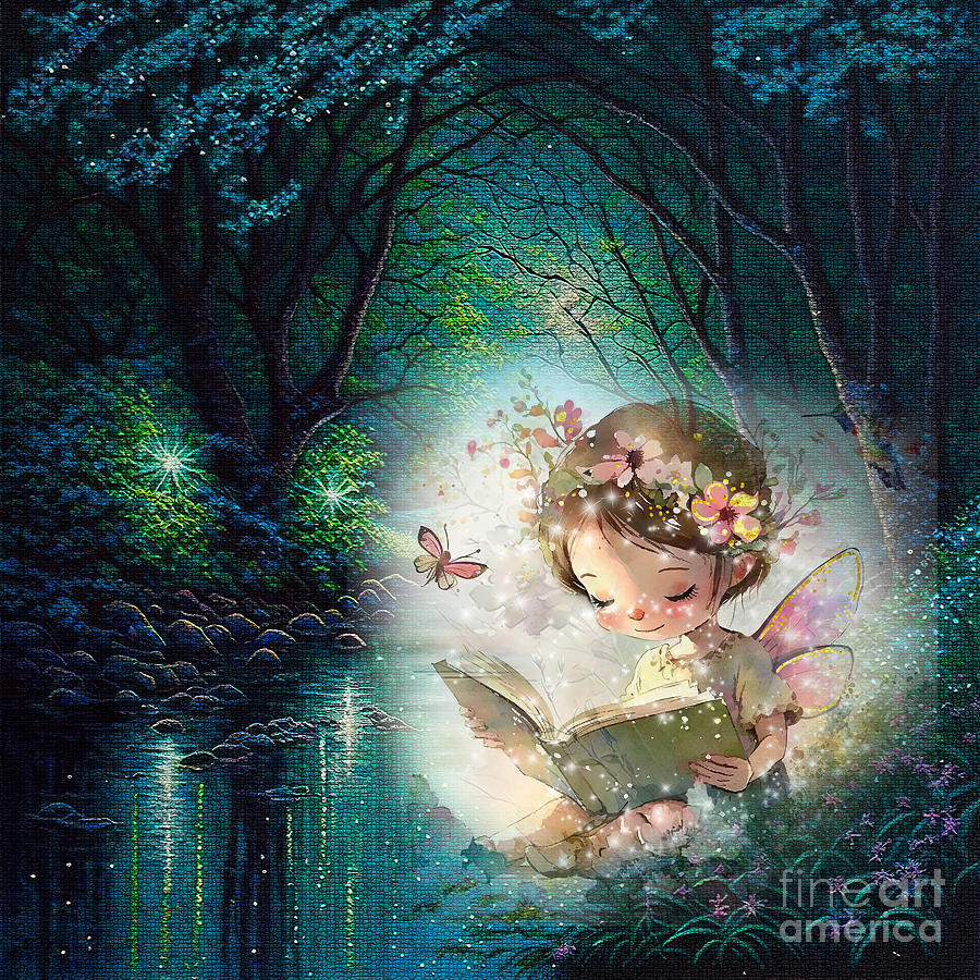 The Magical Fairy Reading In The Night By The River Mixed Media by Johanna Hurmerinta