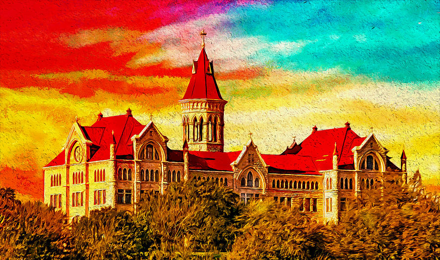 The Main Building of St. Edwards University in Austin, Texas, at sunset - digital painting Digital Art by Nicko Prints