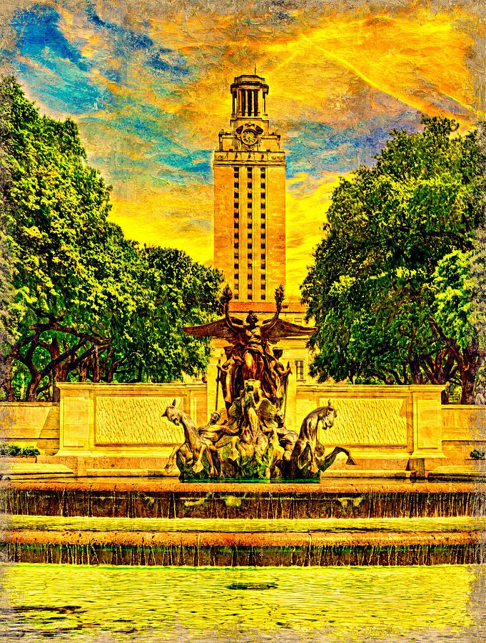 The Main Building of the University of Texas at Austin seen from the Littlefield Fountain at sunset Digital Art by Nicko Prints