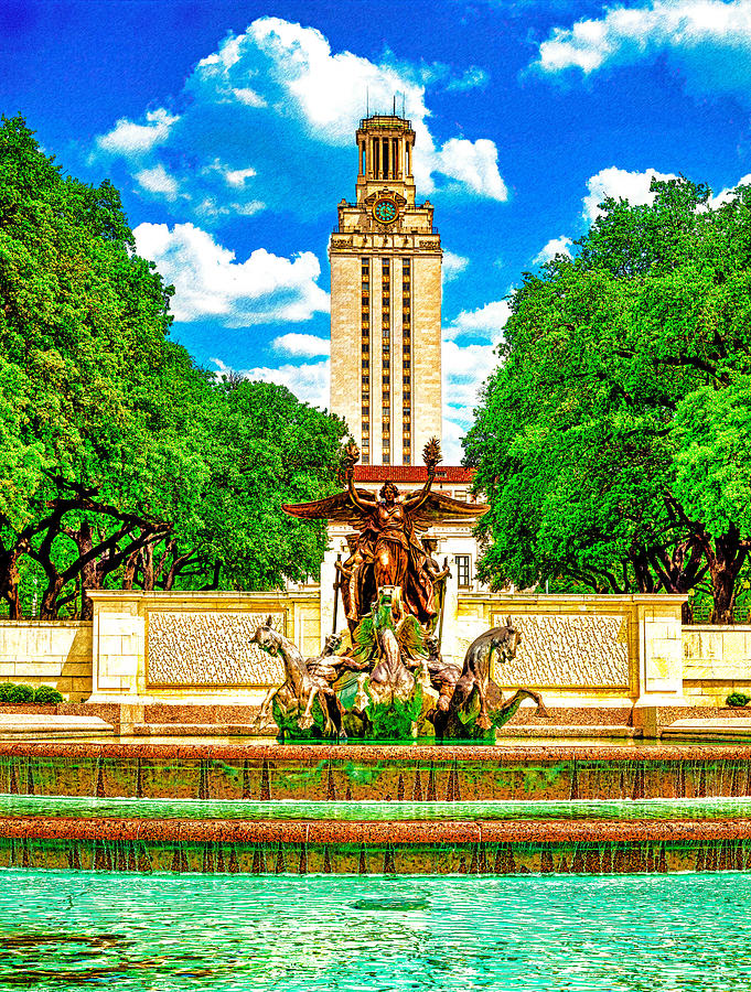The Main Building of the University of Texas at Austin seen from the Littlefield Fountain Digital Art by Nicko Prints