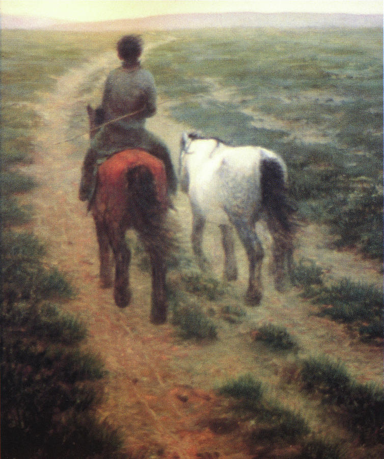 The Man With Two Horses Painting by Ji-qun Chen