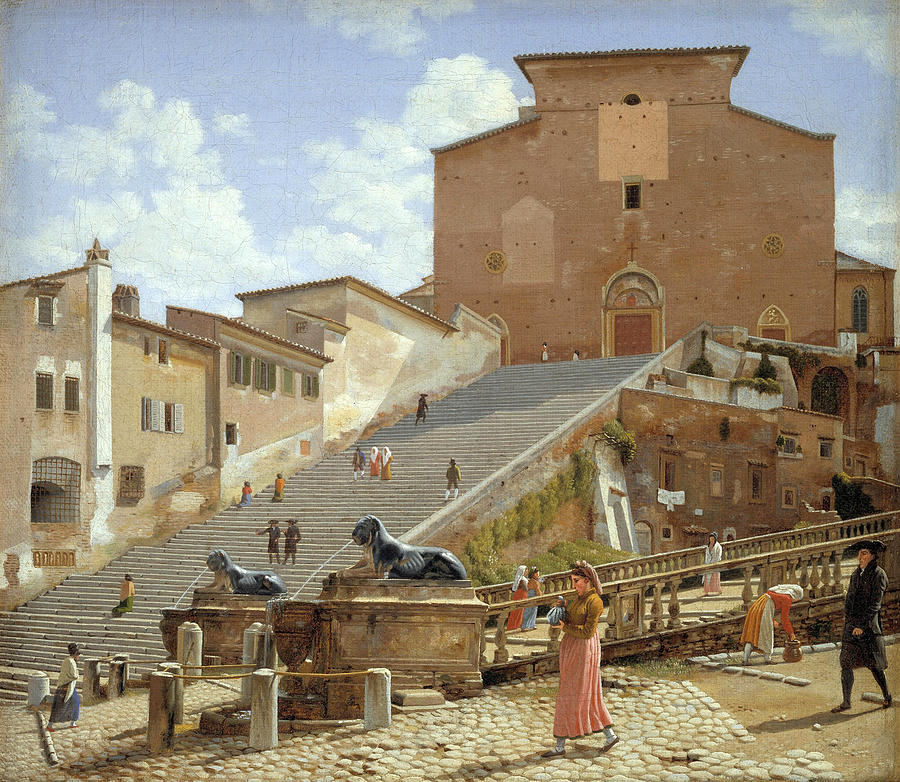The Marble Steps leading up to the Church of Santa Maria in Aracoeli in Rome Painting by Christoffer Wilhelm Eckersberg