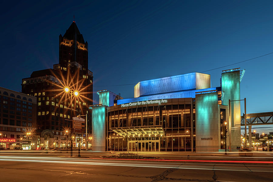 The Marcus Performing Arts Center in all its glory at blue hour