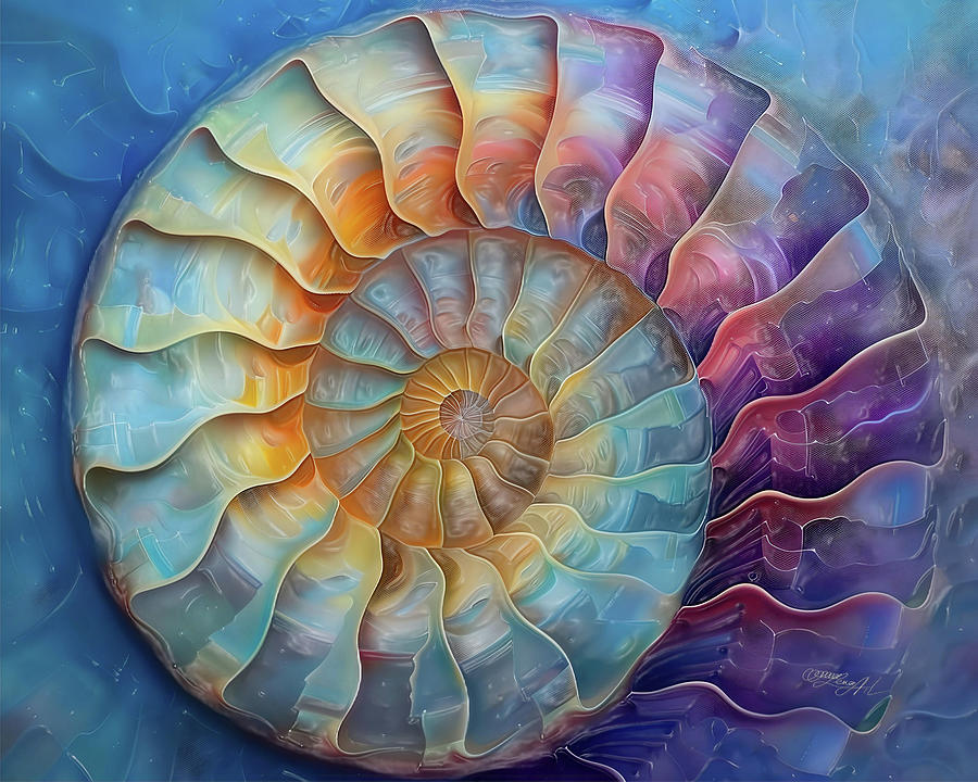 The Marine Spiral - A Tribute to the Nautilus Ammonite Painting by Lena Owens - OLena Art Vibrant Palette Knife and Graphic Design