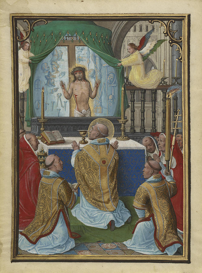 Simon Bening Painting - The Mass of Saint Gregory  by Simon Bening
