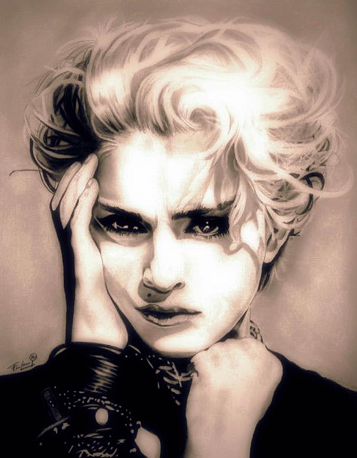 The Material Girl - Madonna - Sepia Edition Drawing by Fred Larucci