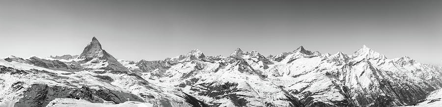 The Matterhorn and Swiss Mountains Panorama BW Photograph by Rick Deacon