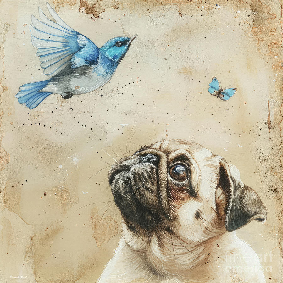 Bluebird Painting - The Mesmerized Pug by Tina LeCour
