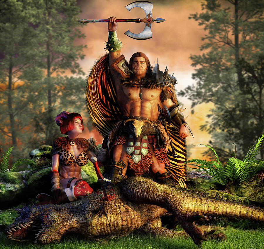 The Mighty Barbarian kills a T-Rex - Fantasy art Digital Art by Stephan Grixti