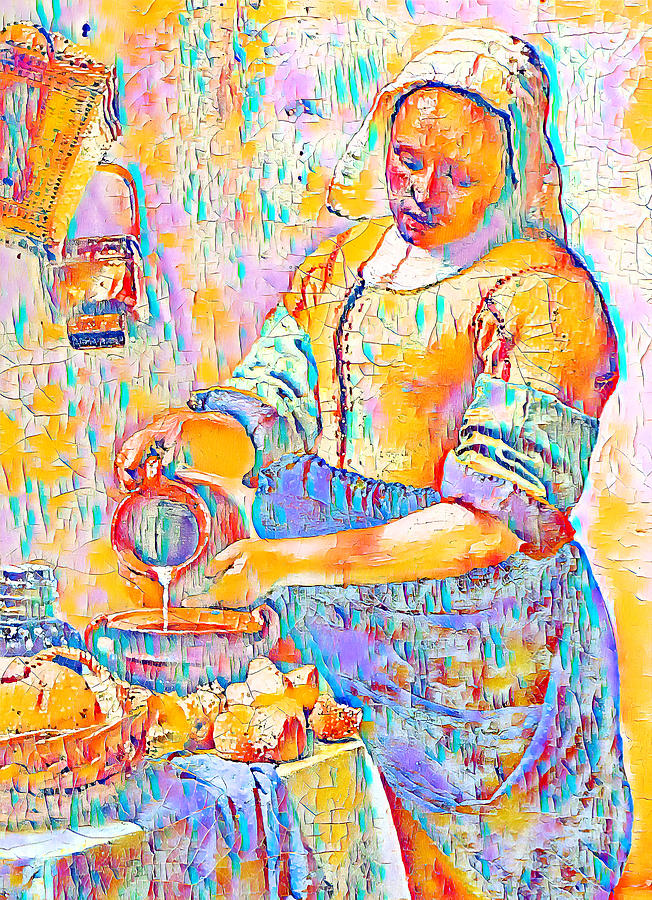 The Milkmaid by Johannes Vermeer - colorful palette knife oil texture Digital Art by Nicko Prints
