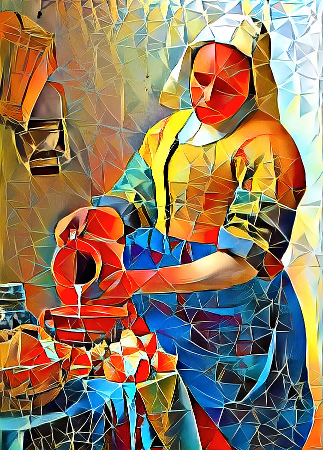 The Milkmaid by Johannes Vermeer in the cubist style with big triangular shapes Digital Art by Nicko Prints