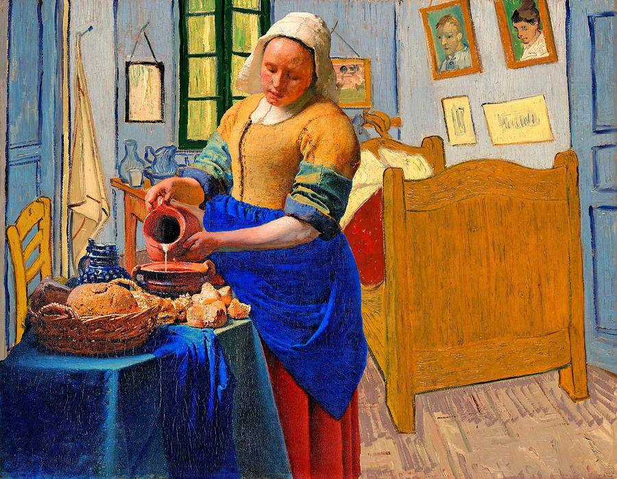 The Milkmaid by Johannes Vermeer inside Van Goghs Bedroom in Arles Digital Art by Nicko Prints