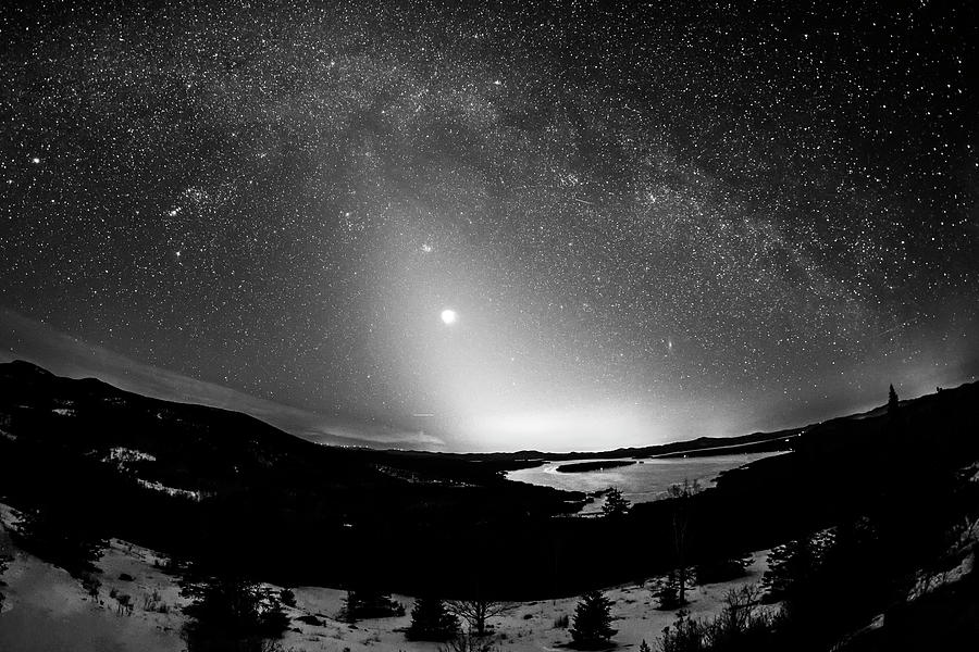 The Milky Way and Venus over Rangeley Lake Rangeley Maine in the Winter Black and White Photograph by Toby McGuire