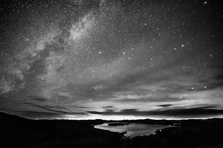 The Milky Way over Rangeley Lake Rangeley Maine Black and White Photograph by Toby McGuire