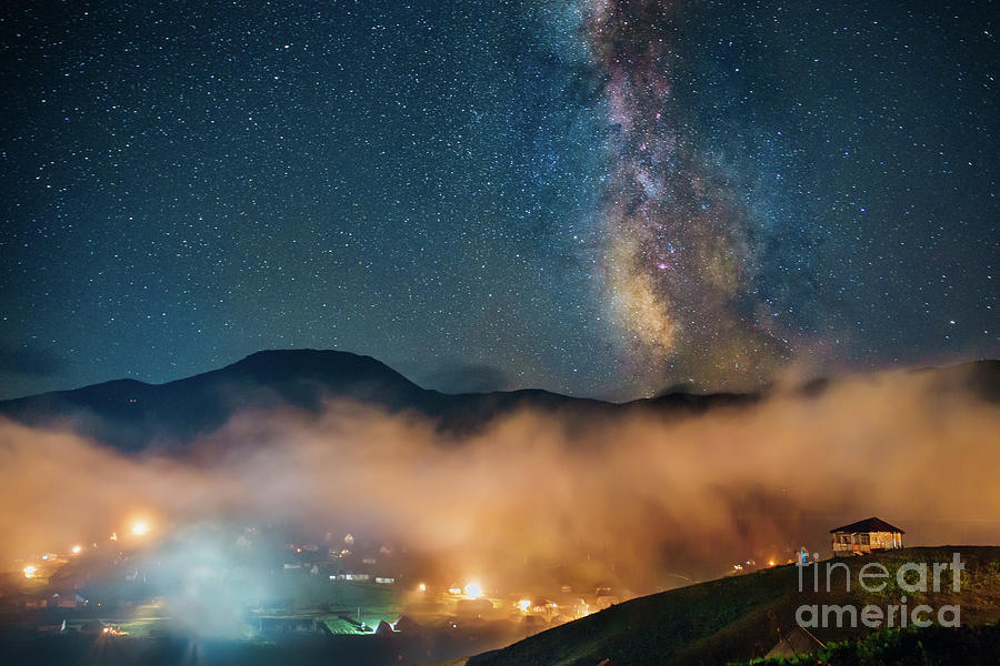 The Milkyway Galaxy Over Village, Astronomy Digital Art by Amusing DesignCo