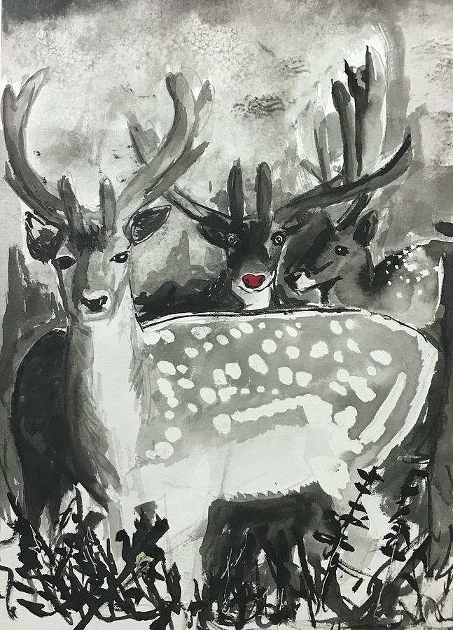 Rudolph Gets Caught in the Headlights Painting by Eileen Backman