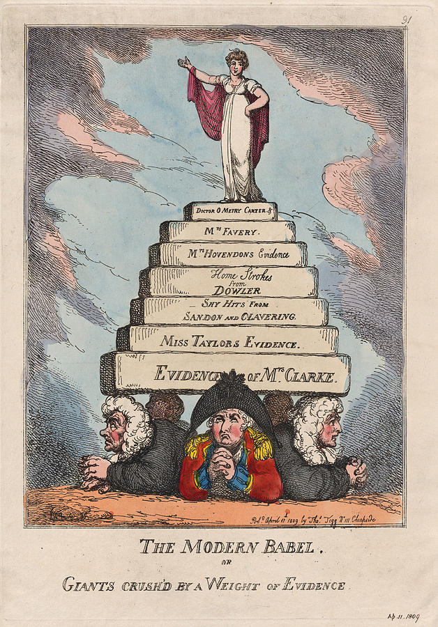 The Modern Babel, or Giants Crushed by a Weight of Evidence Drawing by Thomas Rowlandson