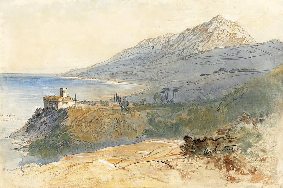 The Monastery of Stavronikita, Mount Athos  Drawing by Edward Lear