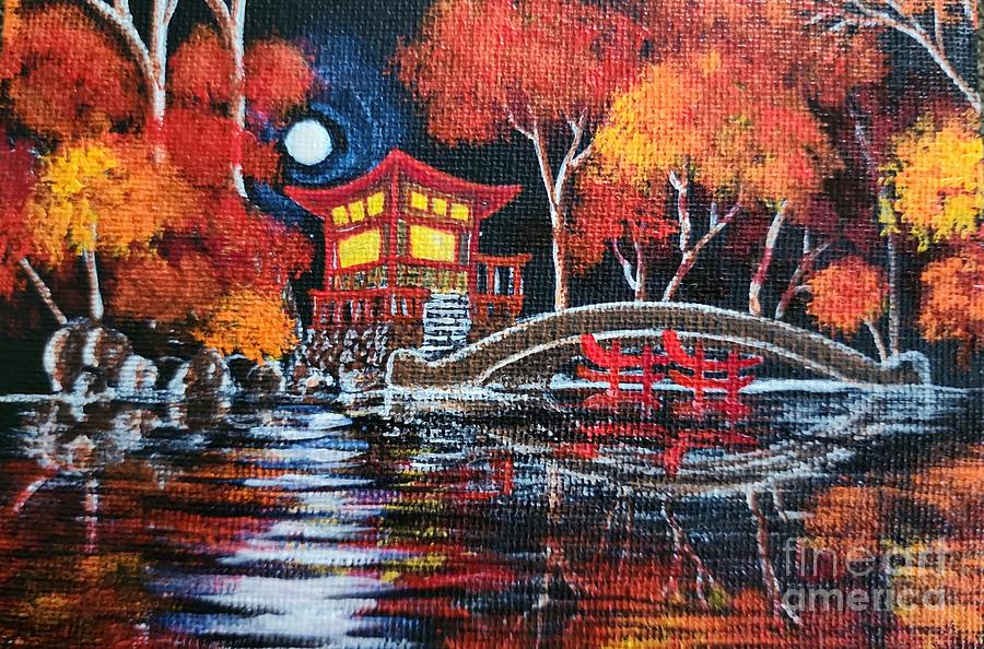 The Moon, a Temple, and a bridge Painting by Jennifer Bright Burr
