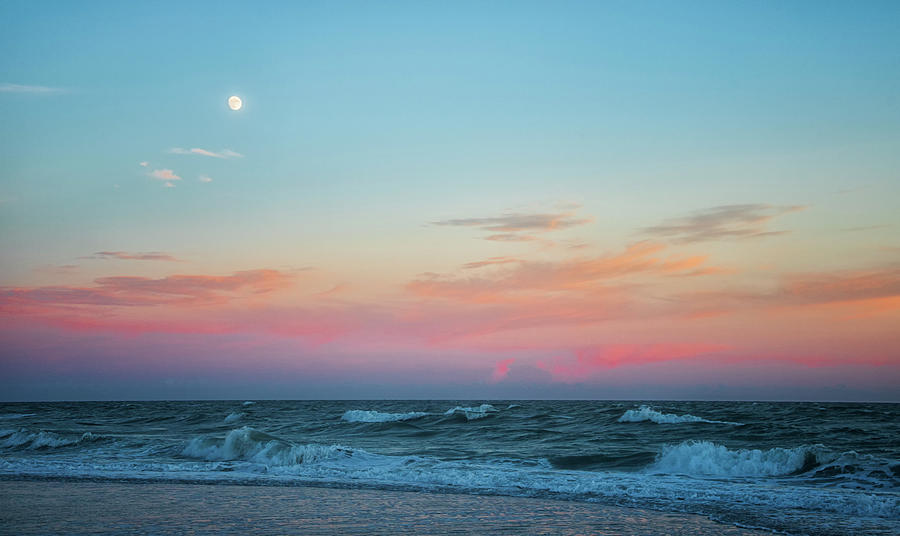 Sunset Photograph - The Moon and Sunset Over the Atlatnic Ocean by Bob Decker