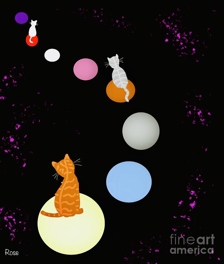 The moon cats riding the planets Digital Art by Elaine Hayward