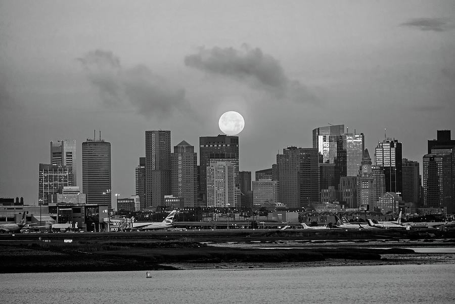The Moon Resting on the Boston Skyline at Sunrise Boston MA Black and White Photograph by Toby McGuire