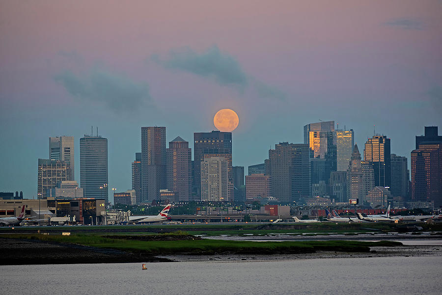 The Moon Resting on the Boston Skyline at Sunrise Boston MA Photograph by Toby McGuire